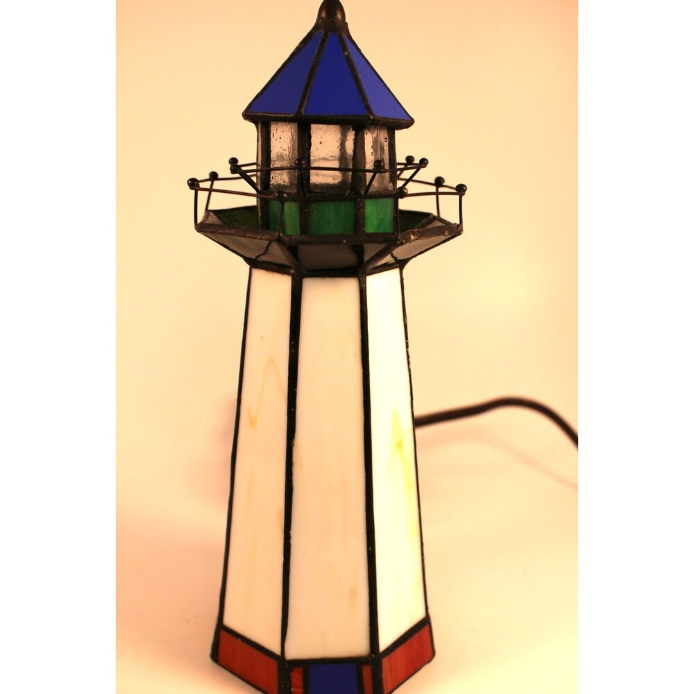 Vintage Stained Glass Lighthouse Table Accent Lamp Nautical Boat Sea Decor